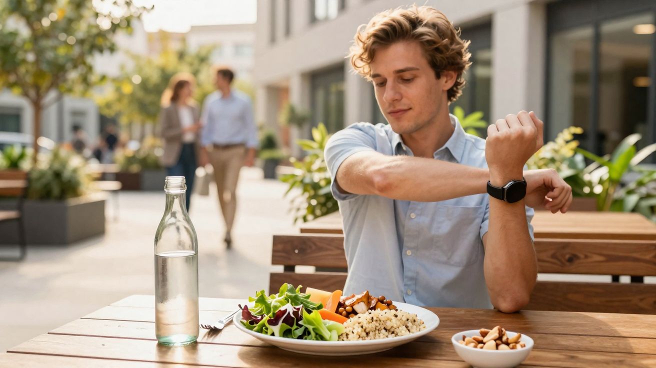 Junger Mann dehnt sich an einem Tisch im Außenbereich mit gesundem Essen vor sich.