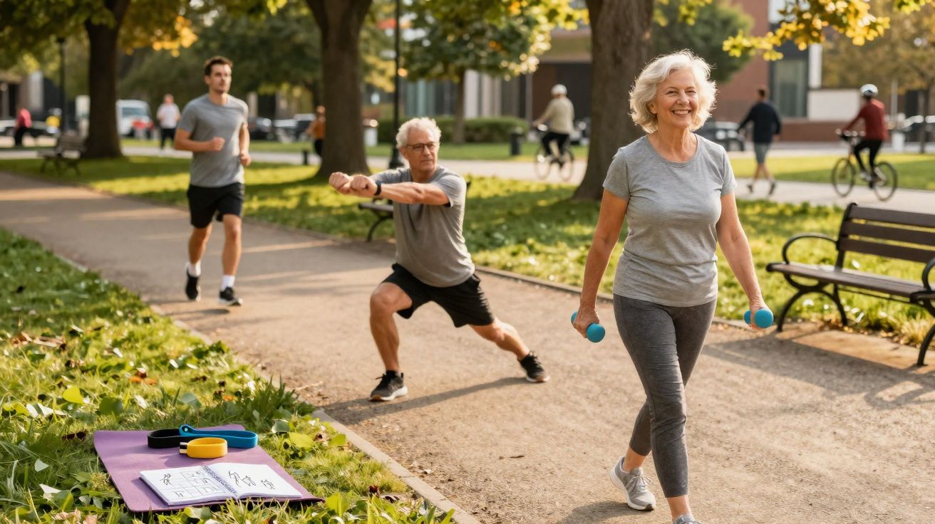 Seniorin mit Hanteln läuft, Senior macht Dehnübungen, junger Mann joggt im Park an sonnigem Tag.