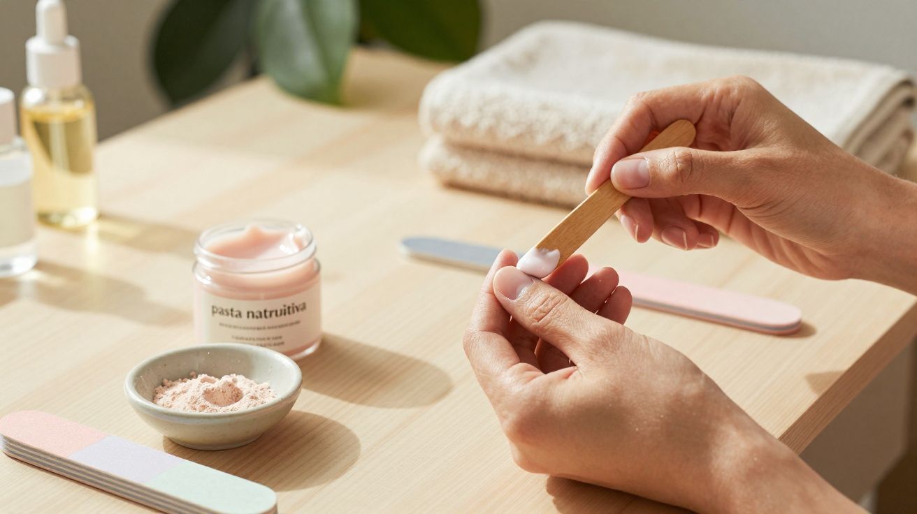 Hände tragen Nagelcreme mit Spatel auf, im Hintergrund Nagelfeilen, Pulver, Öl und gefaltete Handtücher.