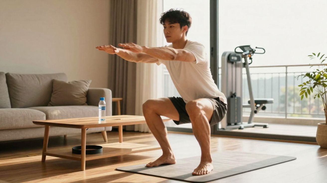 Junger Mann macht Kniebeugen auf Matte im Wohnzimmer mit Sofa, Tisch und Fitnessgeräten im Hintergrund.