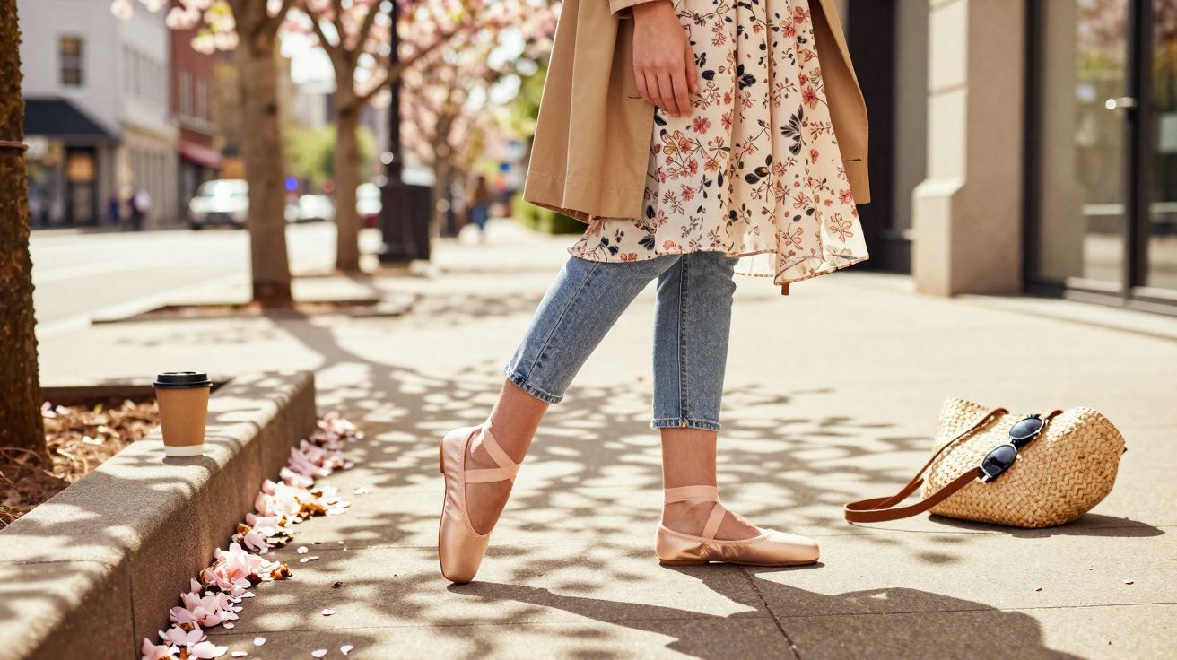 Frau trägt Ballettschuhe und Jeans unter floralem Kleid auf sonnigem Bürgersteig mit Tasche und Kaffeebecher.