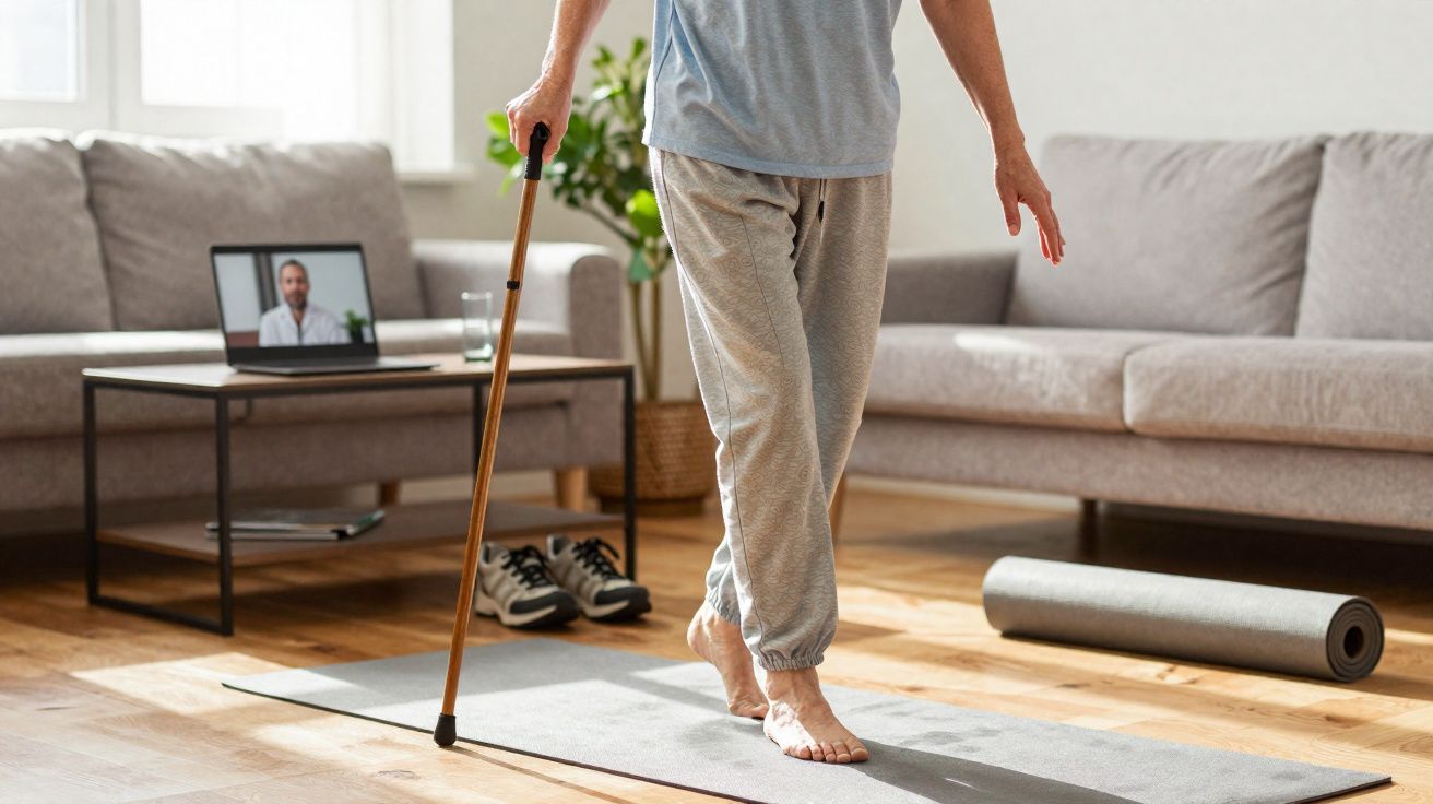 Person mit Gehstock balanciert barfuß auf Yogamatte im Wohnzimmer während Videosprechstunde.