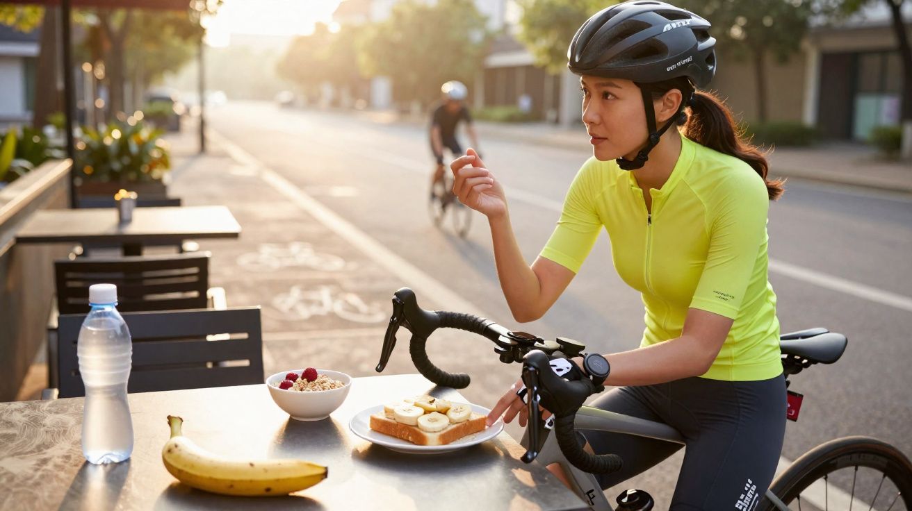 Radfahrerin in gelbem Trikot sitzt am Tisch und isst Toast mit Bananenscheiben bei Sonnenlicht.