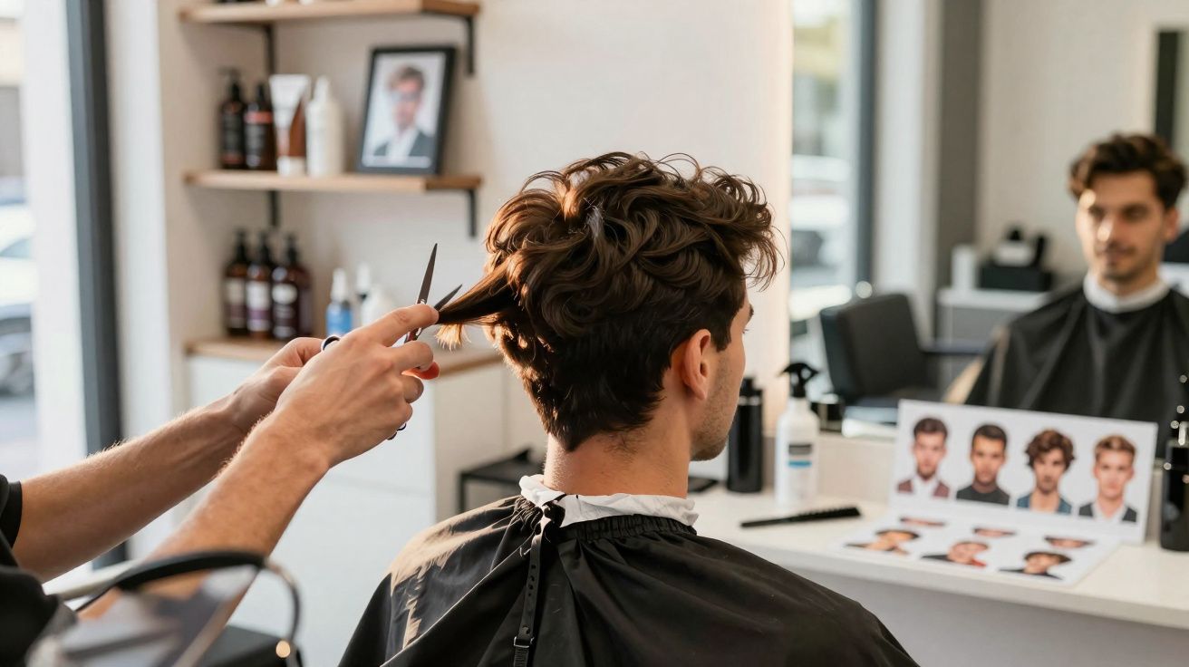 Friseursalon: Mann bekommt Haarschnitt, Frisör schneidet Haare vor Spiegel mit Stylingfotos.