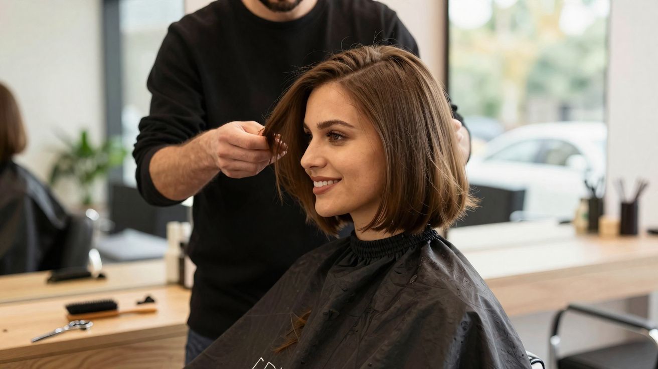 Frau mit kinnlangem braunem Haar lächelt beim Friseurbesuch, Friseur stylt ihre Haare.