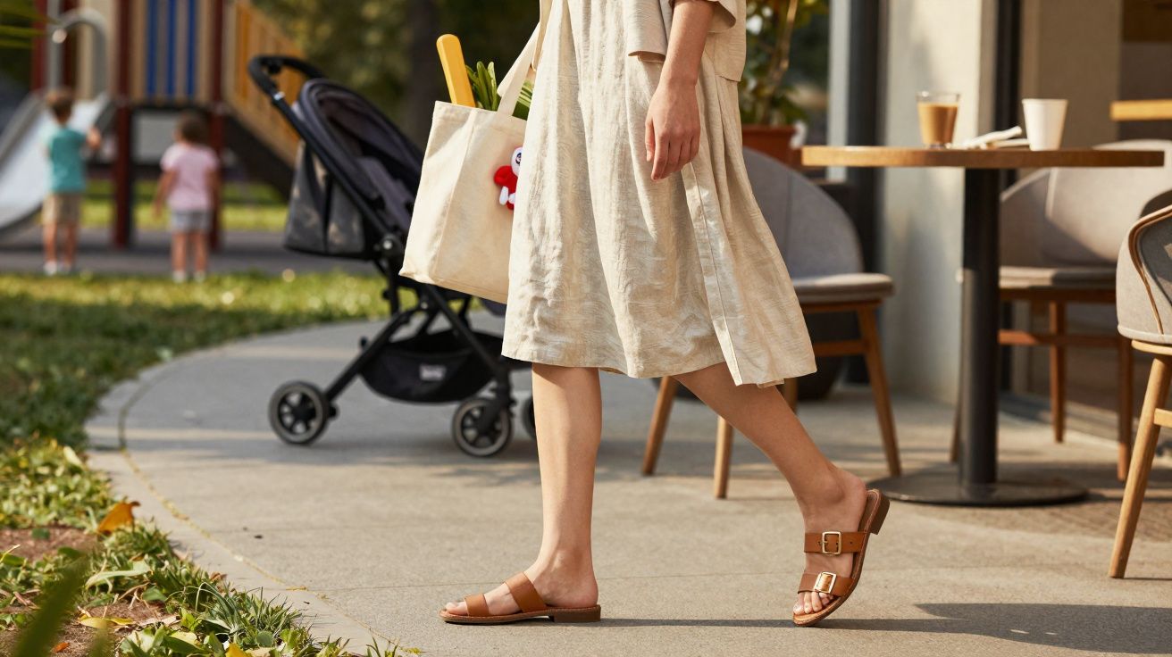 Frau in beigem Kleid trägt Einkaufstasche auf Gehweg, im Hintergrund Kinder und Buggy im Park.