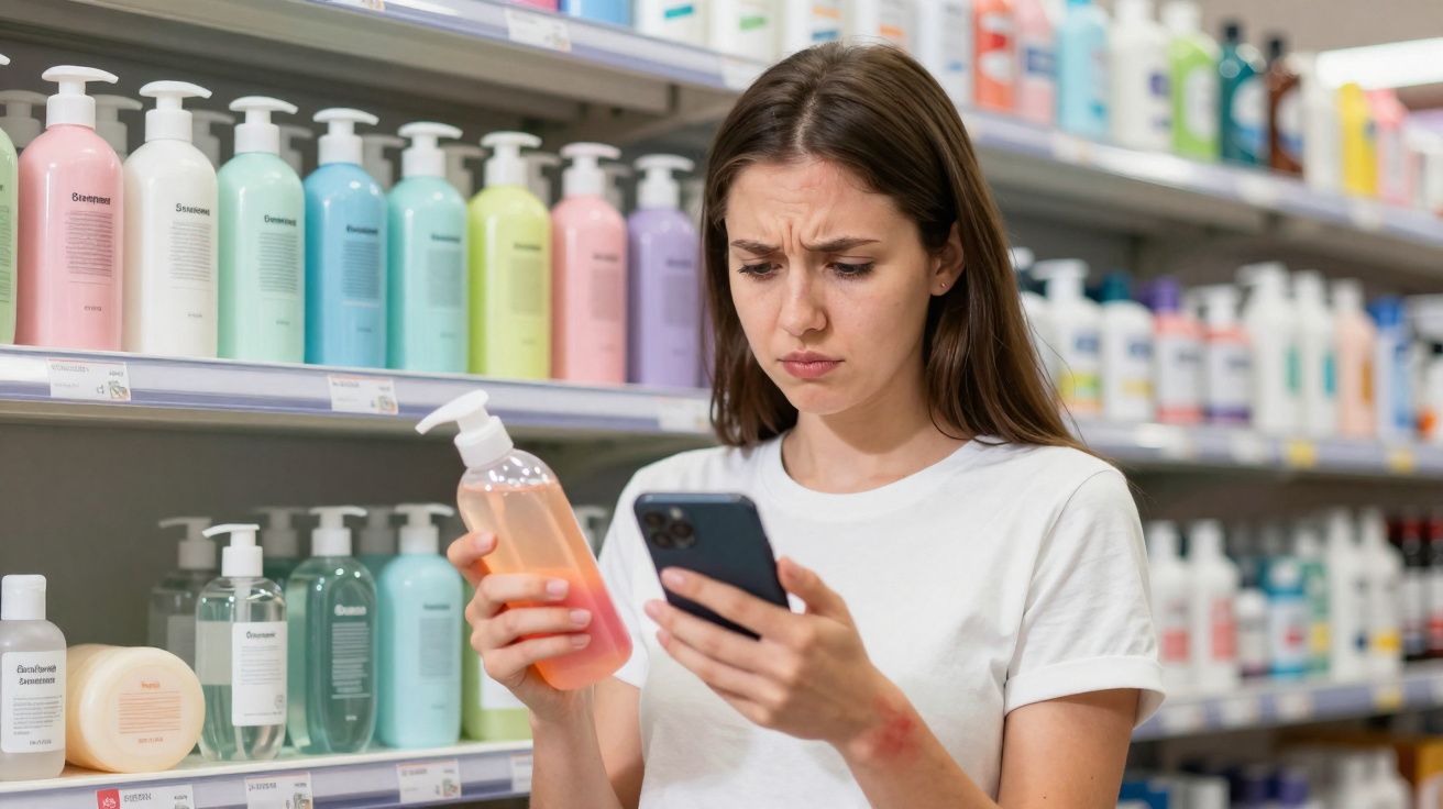 Junge Frau vergleicht im Drogeriemarkt Produktinformationen auf Smartphone und Flasche mit Lotion.
