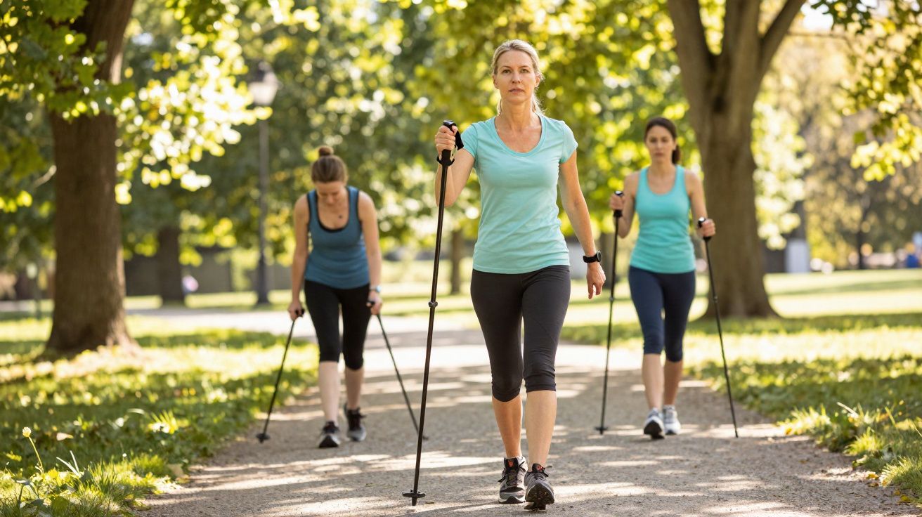Drei Frauen beim Nordic Walking auf einem sonnigen Parkweg, umgeben von Bäumen und Grünflächen.