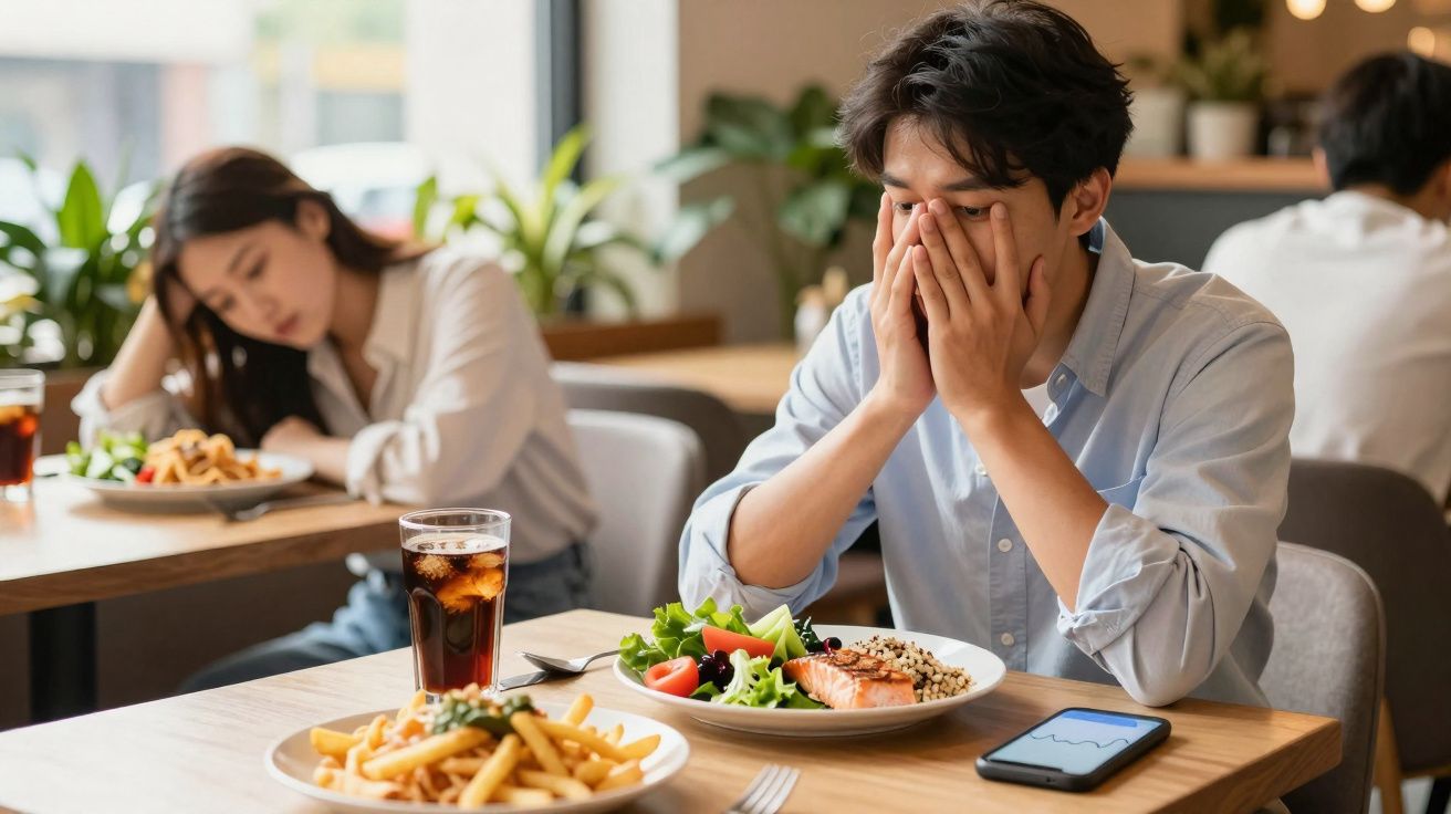 Junger Mann sitzt enttäuscht vor gesundem Essen in Restaurant, Frau isst im Hintergrund Pommes.