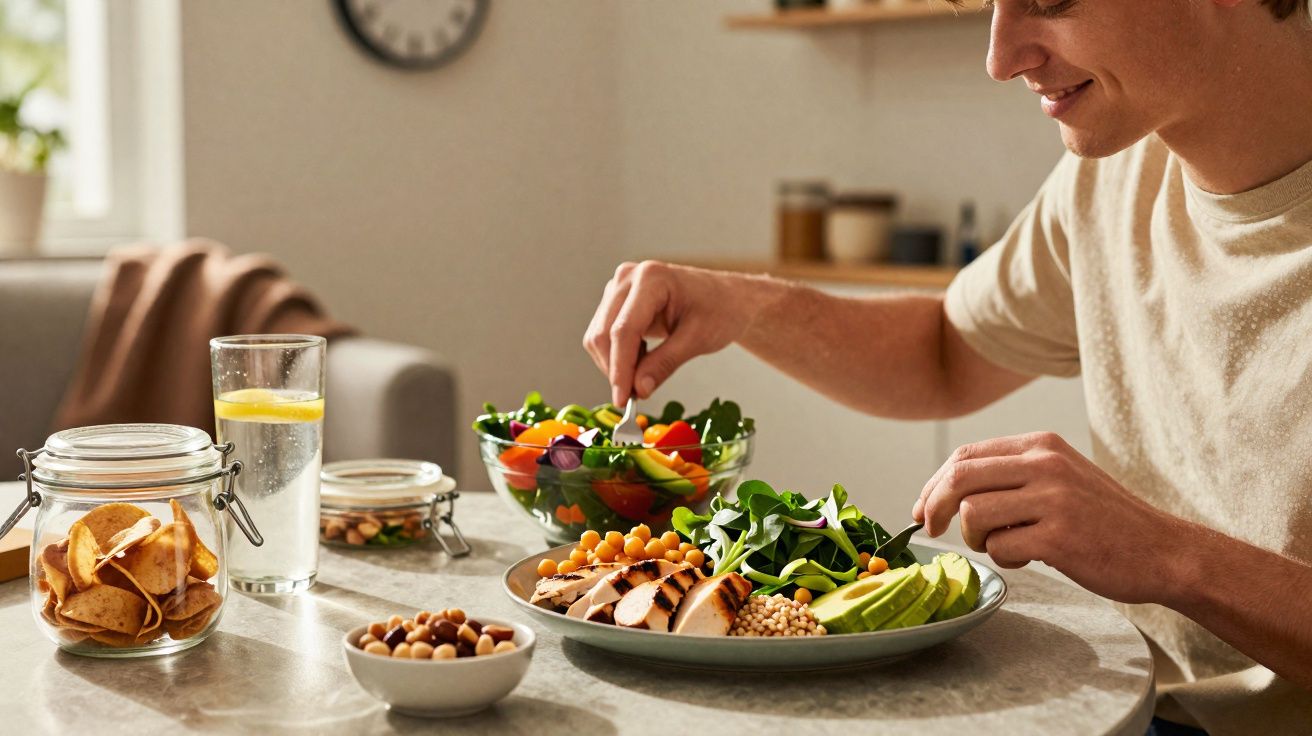 Junger Mann isst an einem Tisch eine gesunde Mahlzeit mit Salat, Hühnchen und Avocado.