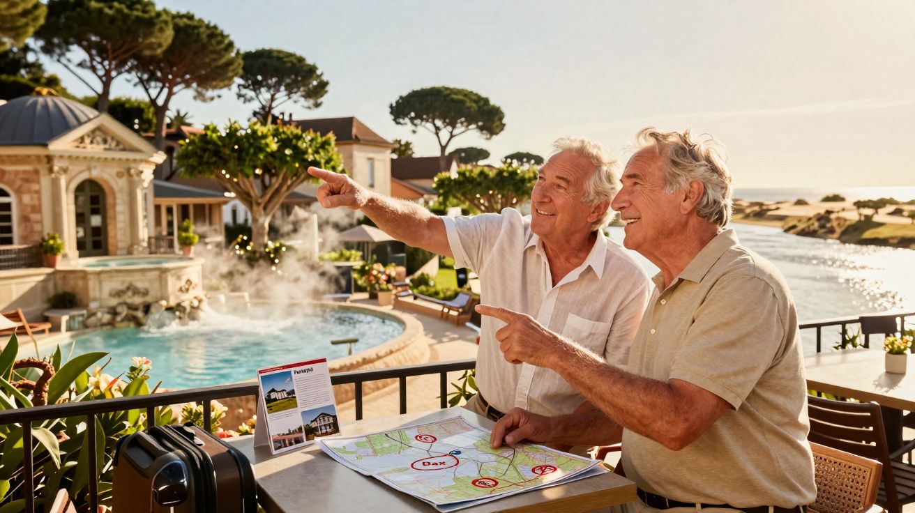 Zwei ältere Männer mit Landkarte planen Ausflug an einem sonnigen Pool mit mediterranem Flair.