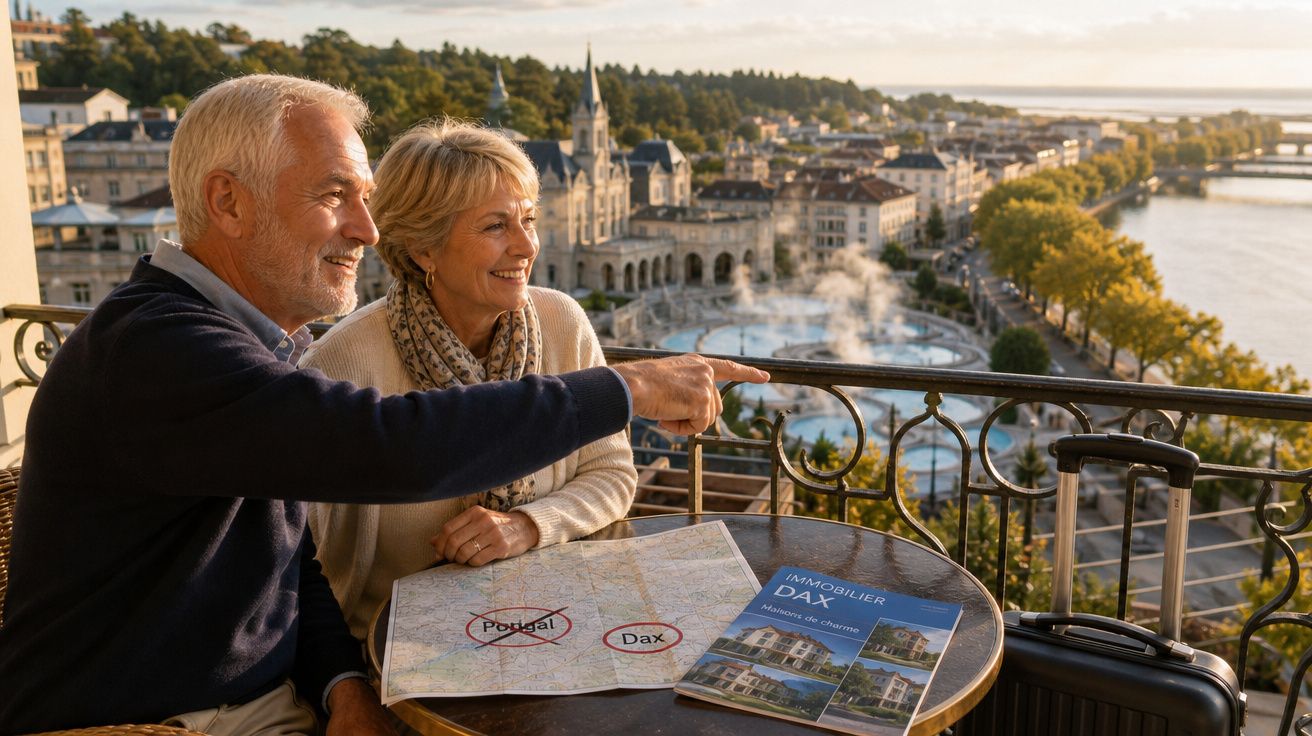 Älteres Paar plant Urlaub auf Balkon mit Stadtblick, Karte und Reiseführer liegen auf Tisch.