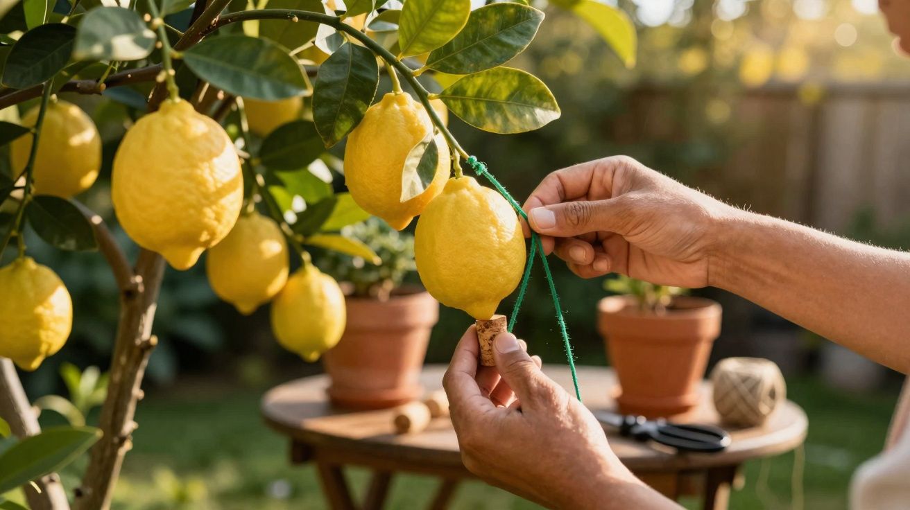 Person befestigt Faden an zitronen, die an einem Zitronenbaum im Garten hängen.
