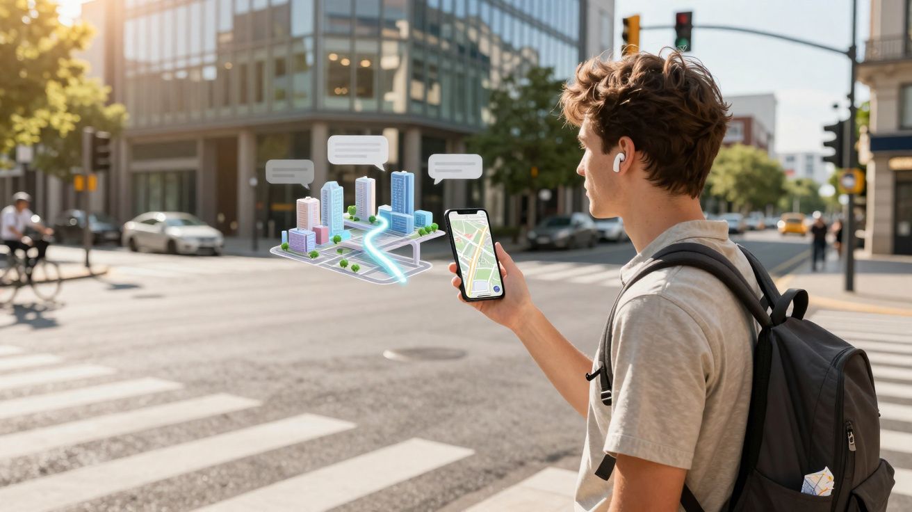 Junger Mann mit Rucksack nutzt Smartphone-Navigation an belebter Straßenkreuzung bei Sonnenlicht.