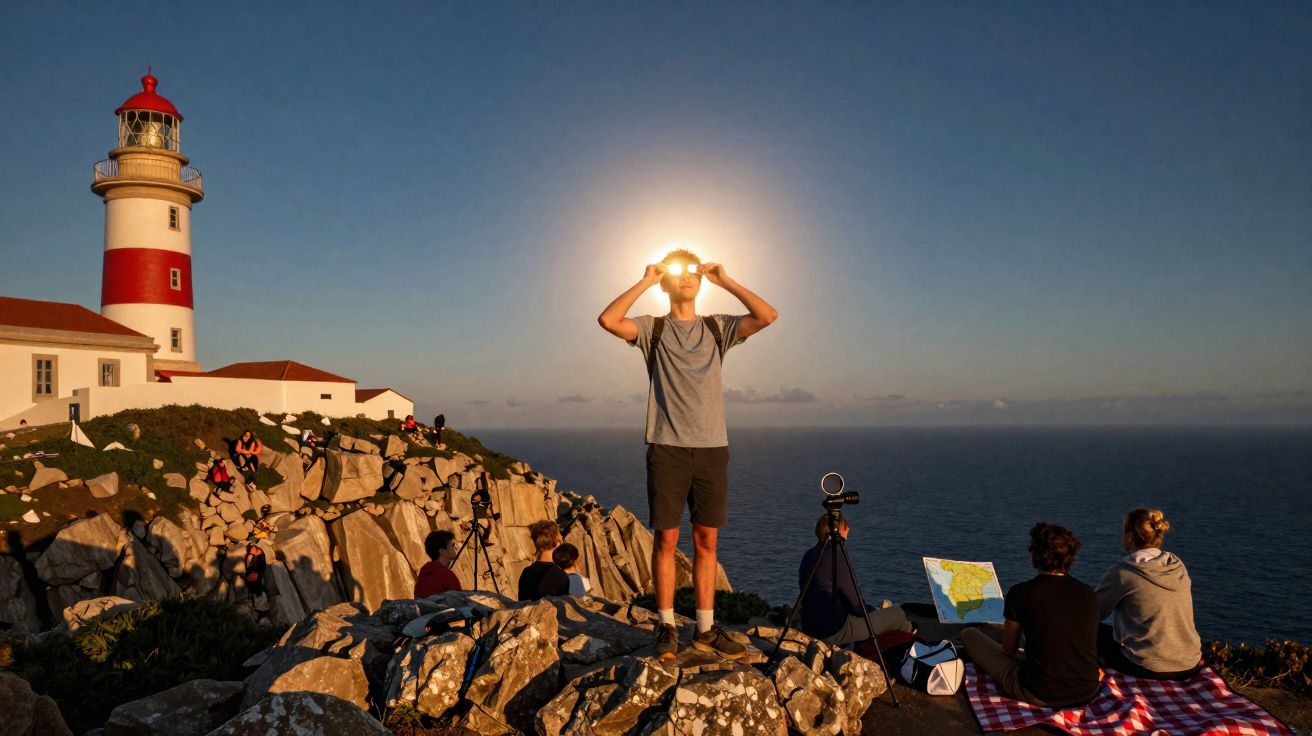 Person mit Fernglas vor Leuchtturm auf Klippe, mehrere Menschen beobachten den Sonnenuntergang am Meer.