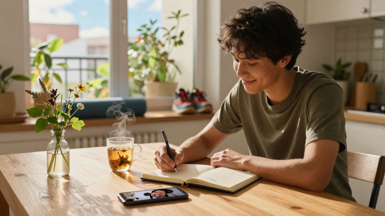 Junger Mann sitzt am Küchentisch, schreibt in Notizbuch mit dampfendem Tee und Smartphone vor sich.