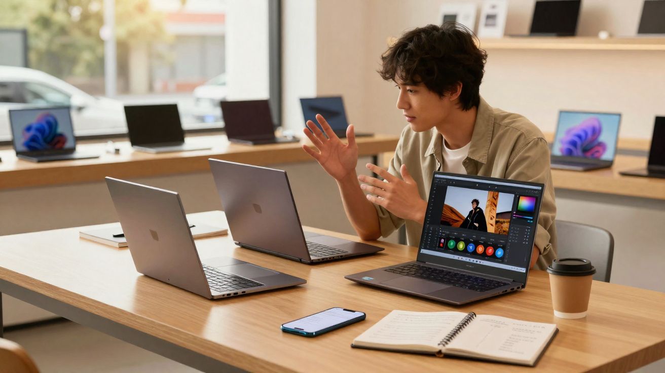 Junger Mann erklärt Bildbearbeitung an drei Laptops in einem modernen Technikgeschäft.