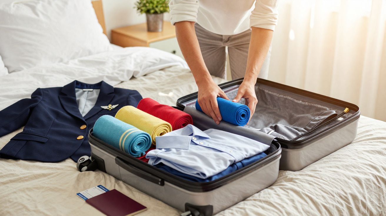 Person packt einen Koffer mit Hemden und farbigen Tüchern auf einem Bett im hellen Zimmer.