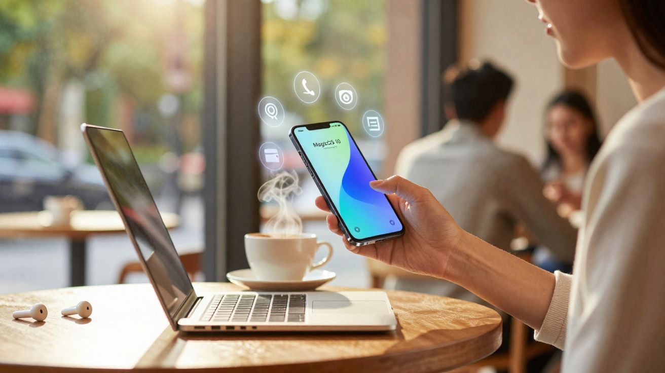 Frau hält Smartphone mit App-Symbolen über offenem Laptop an Café-Tisch mit dampfender Tasse Kaffee.