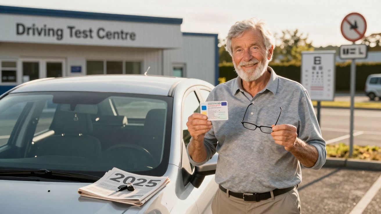 Älterer Mann steht vor Auto am Driving Test Centre und hält Führerschein, daneben Zeitung mit Jahreszahl 2025.