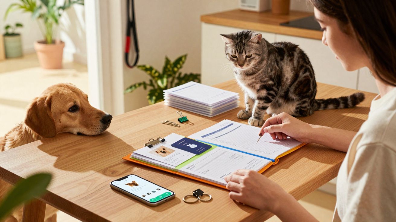 Frau füllt am Tisch Formulare aus, neben ihr sitzende Katze und Hund schauen zu, Smartphone mit Tier-App sichtbar.