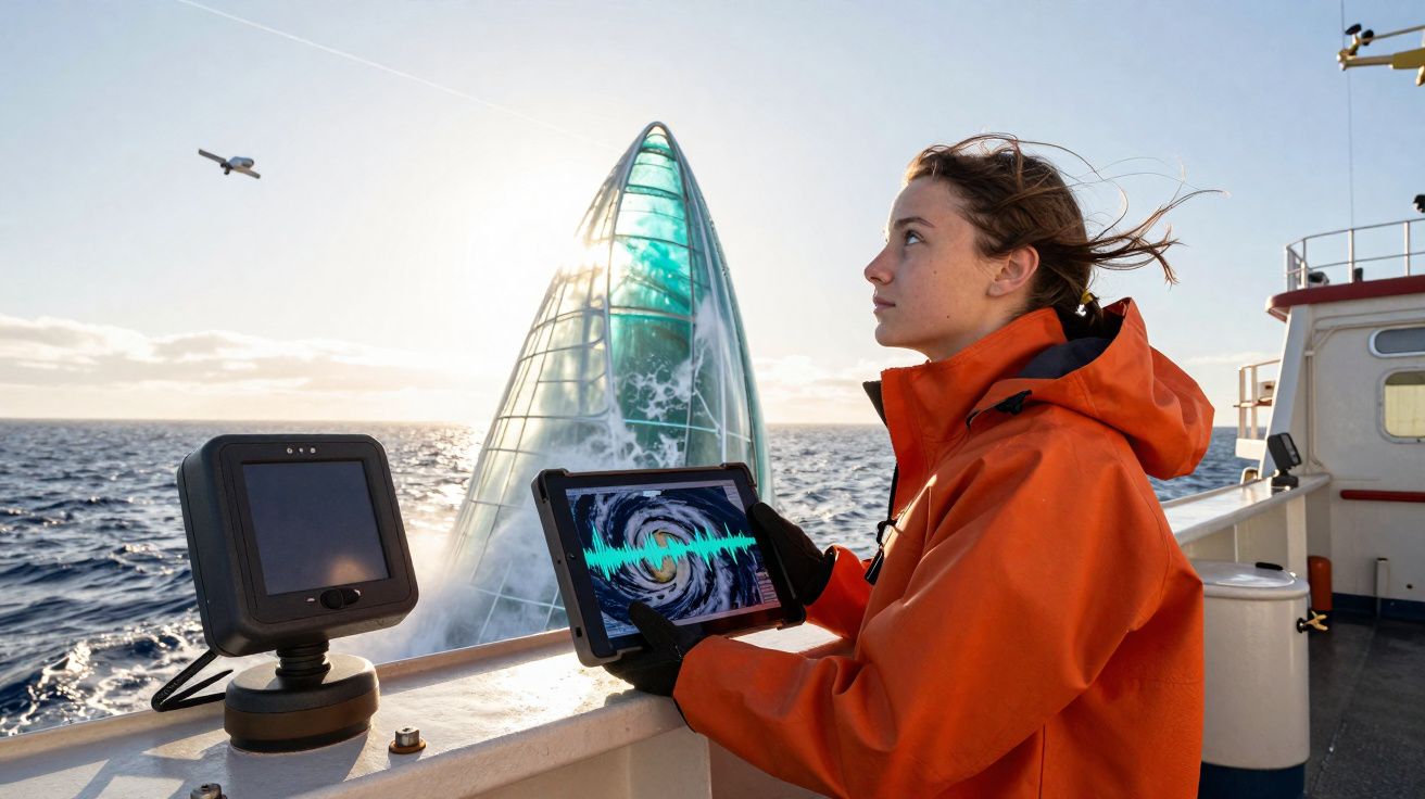 Frau in oranger Jacke auf Forschungsschiff mit Tablet vor großer Welle auf offenem Meer unter Sonne.