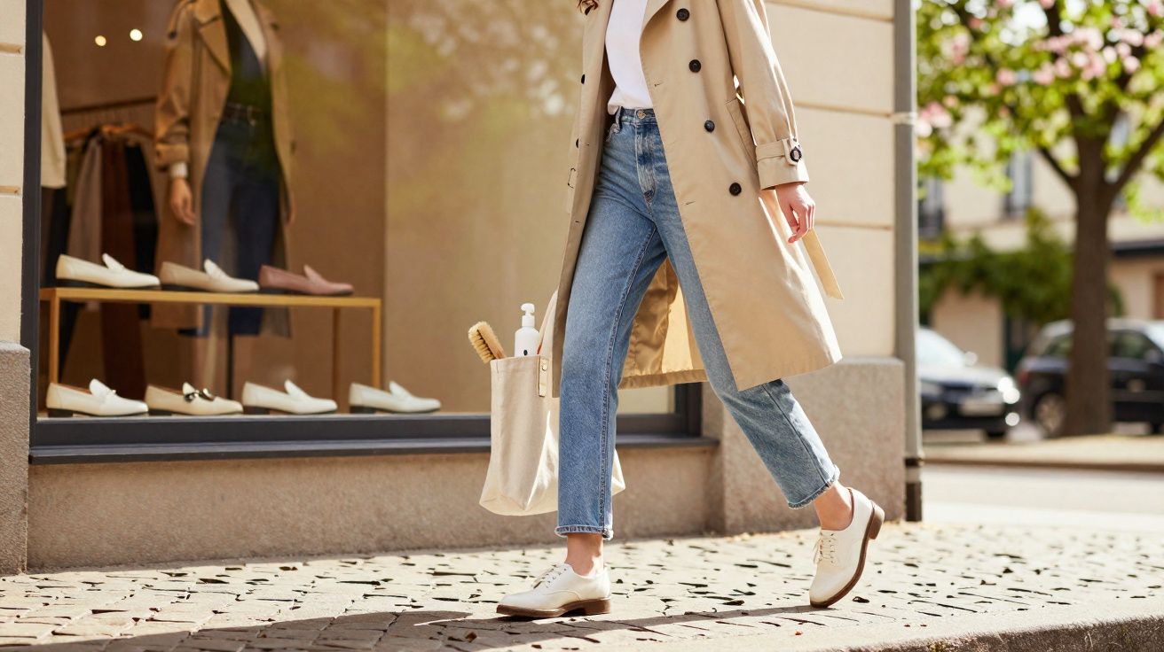 Frau mit beigem Trenchcoat und Jeans trägt Einkaufstasche beim Spaziergang vor Schuhgeschäft an sonnigem Tag.
