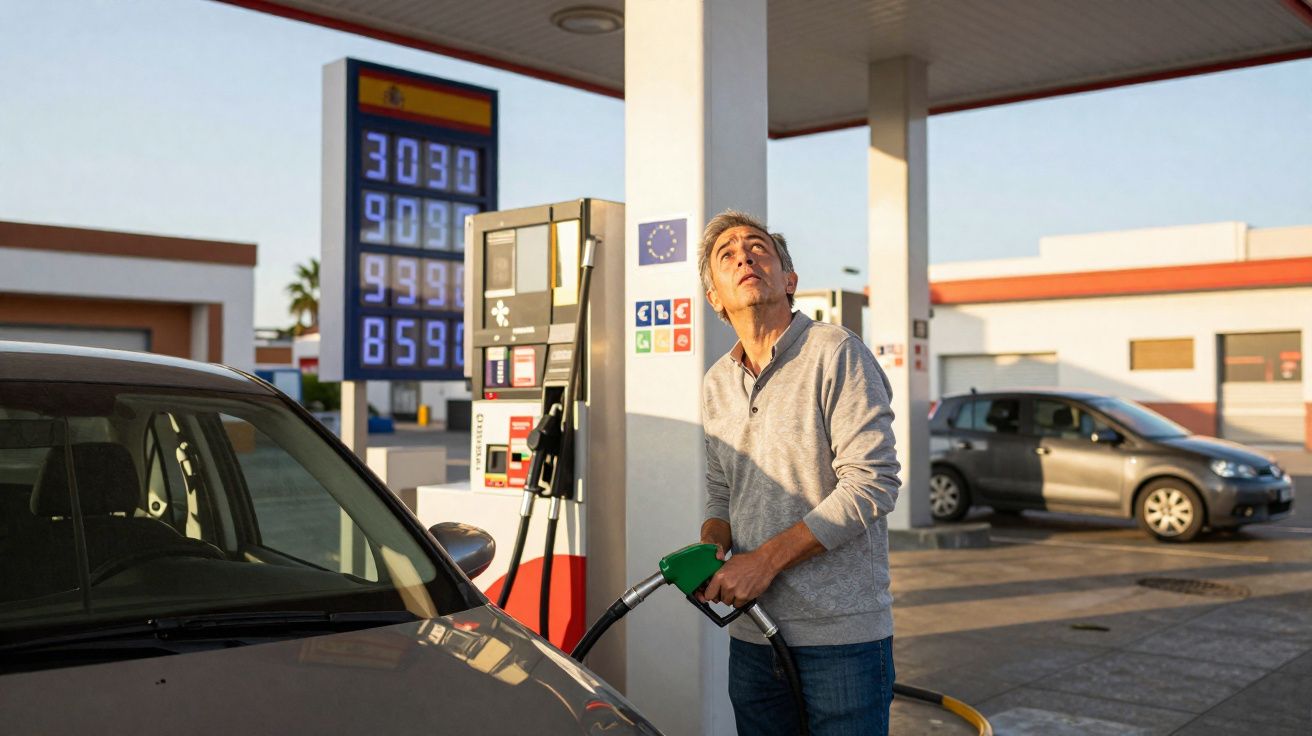 Mann tankt Auto an Zapfsäule an einer Tankstelle bei Sonnenuntergang, Blick nach oben gerichtet.
