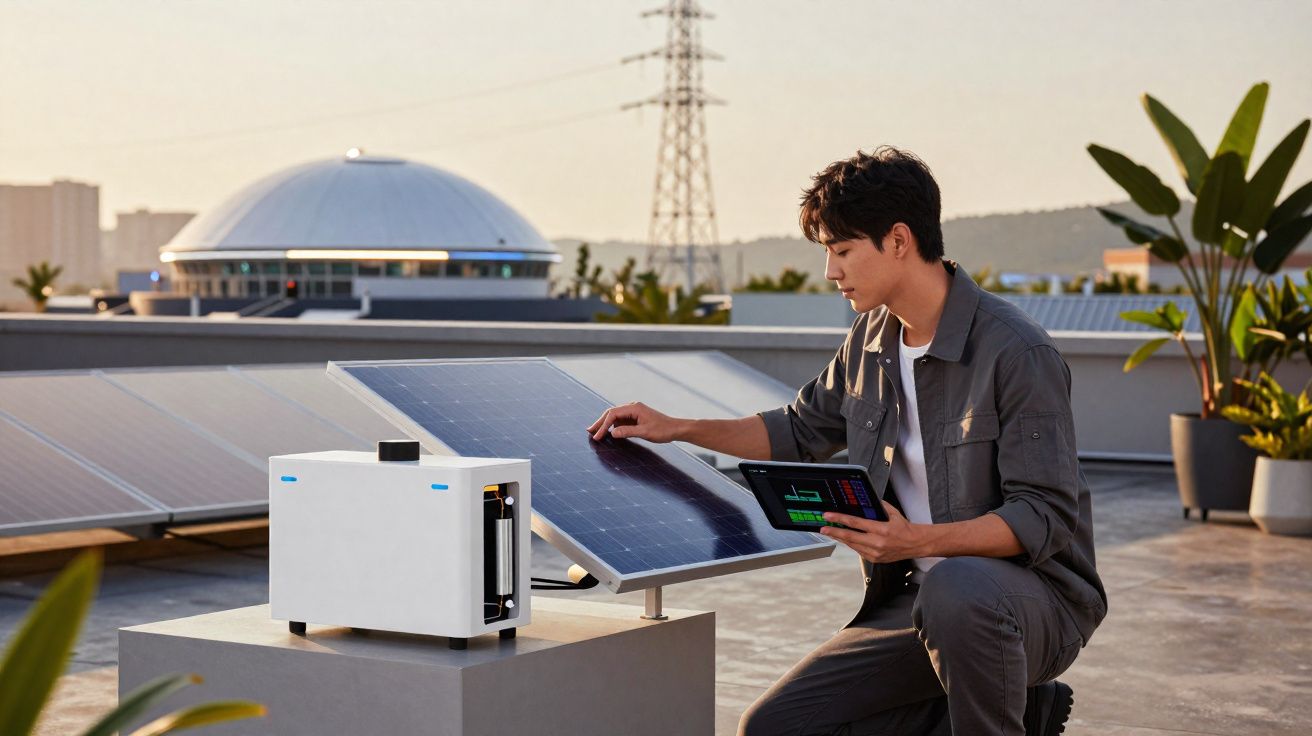 Mann überprüft Solarmodul mit Tablet auf Dach bei Sonnenuntergang, moderne Technologie und Nachhaltigkeit.