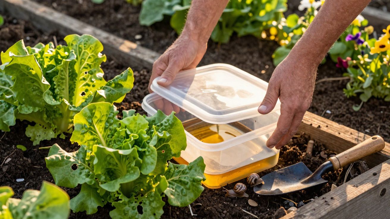 Hände öffnen eine Plastikbox mit Schneckenködern neben Salatpflanzen im Gartenbeet bei Sonnenlicht.