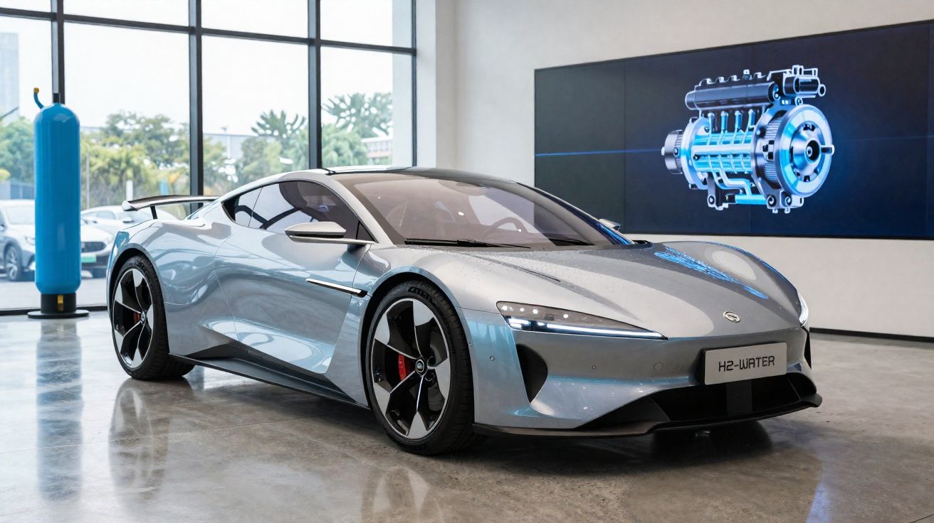 Silberner Sportwagen mit "H2-WATER"-Kennzeichen in modernem Ausstellungsraum neben Bildschirm mit Motorzeichnung.