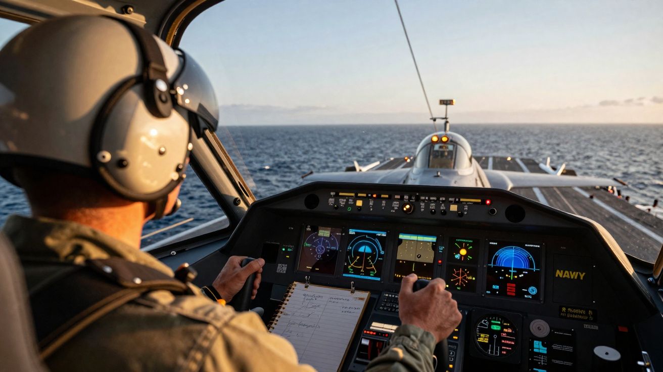 Pilot steuert eine Drohne von einem Schiff aus über das offene Meer bei Dämmerung.