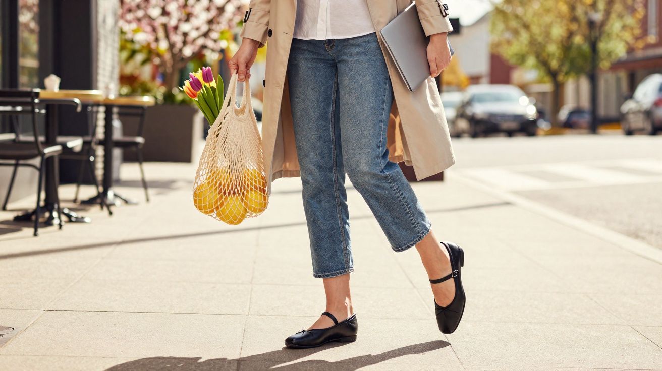 Frau in Jeans und Trenchcoat trägt Netzbeutel mit Tulpen und Orangen sowie Laptop auf der Straße.