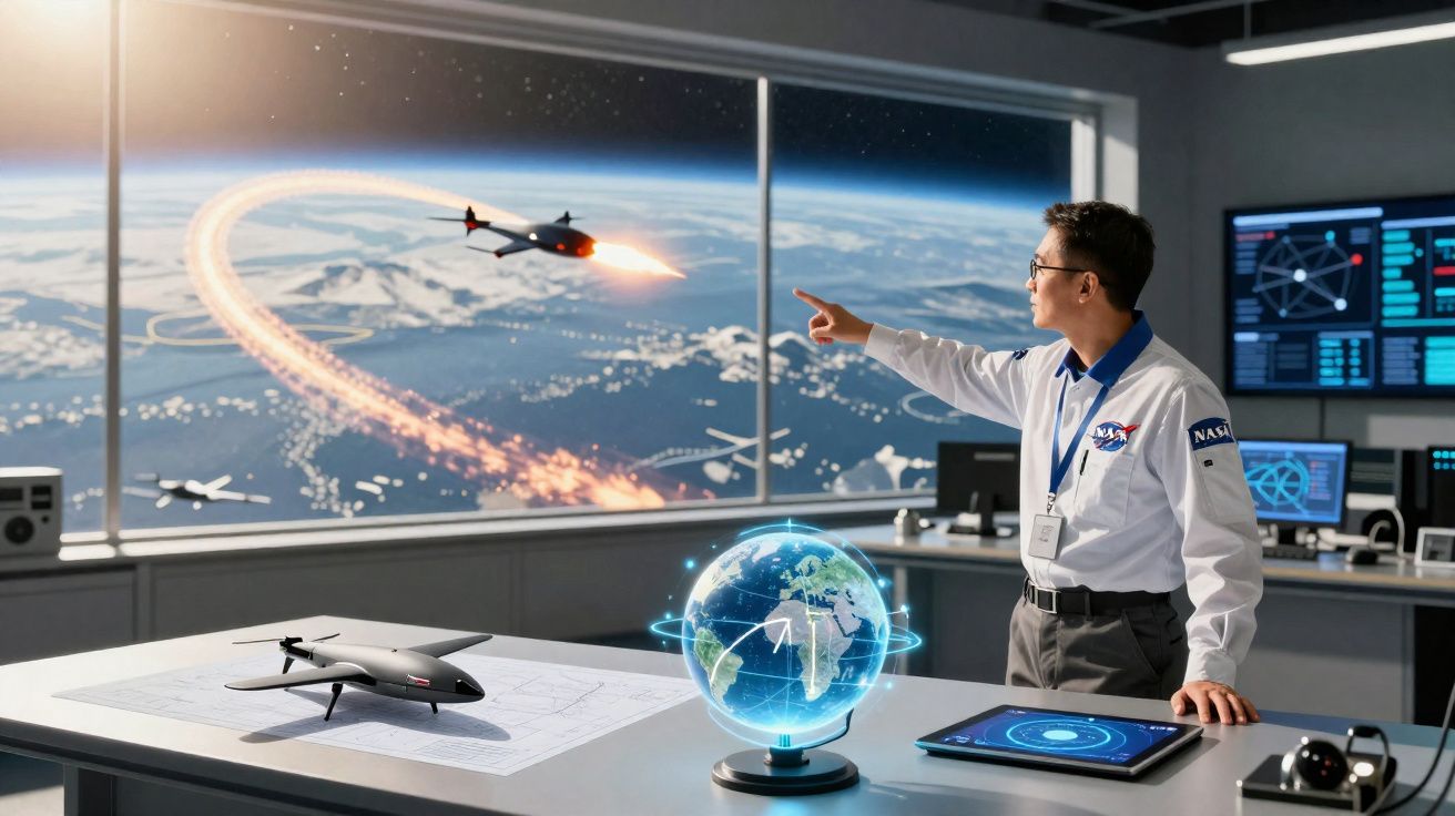 Wissenschaftler in NASA-Labor beobachtet Rakete im All, mit Modell-Drohne und digitaler Weltkugel auf Tisch.