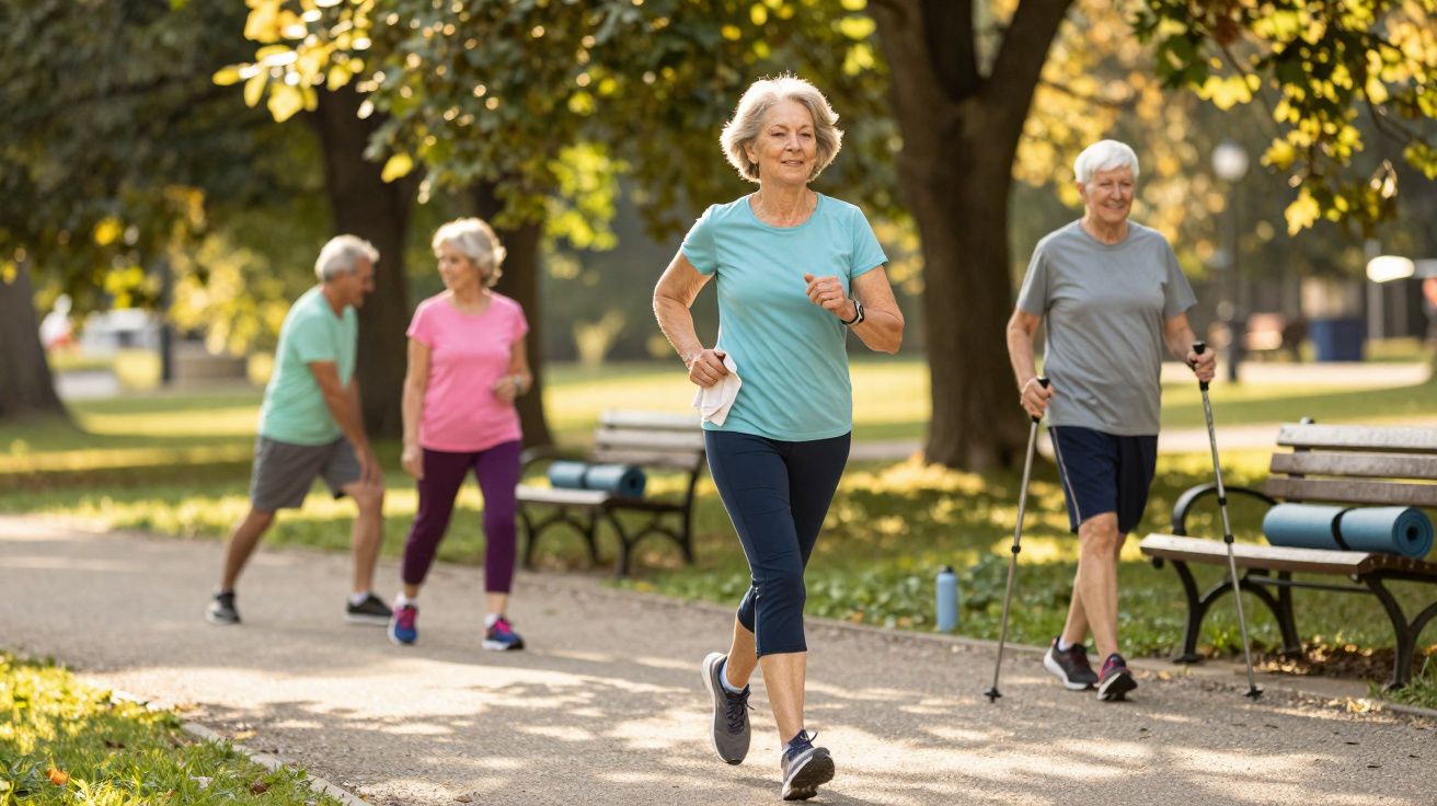 Seniorinnen und Senioren beim Nordic Walking und Joggen im sonnigen Park unter Bäumen auf einem Weg