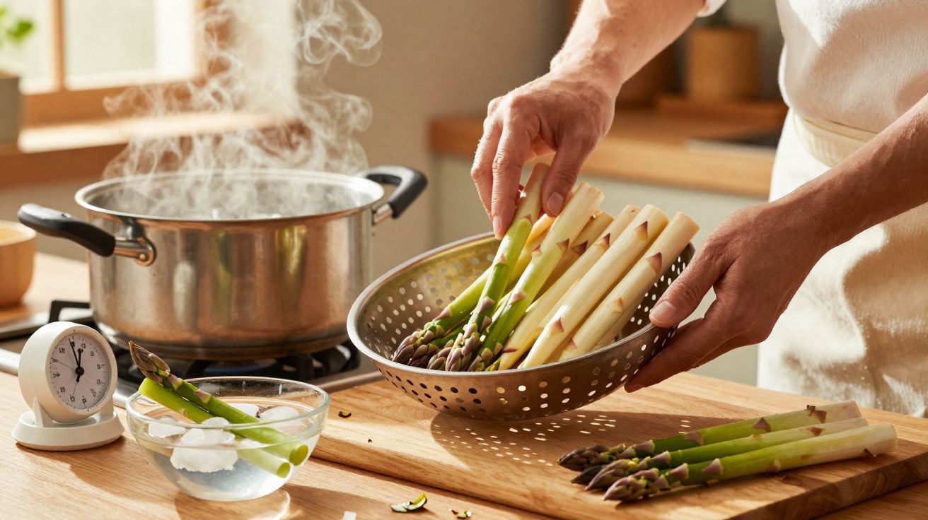 Person legt grünen und weißen Spargel in ein Sieb in einer hellen Küche mit dampfendem Kochtopf.