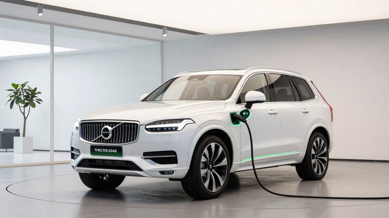 Weißer Volvo Elektro-SUV lädt an Ladestation in modernem, hellem Ausstellungsraum mit Pflanze im Hintergrund.
