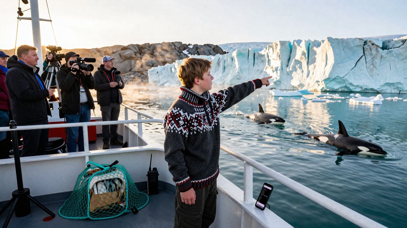 Mann auf Schiff zeigt auf zwei Orcas im Wasser vor einer eisigen Felskulisse bei Tageslicht.