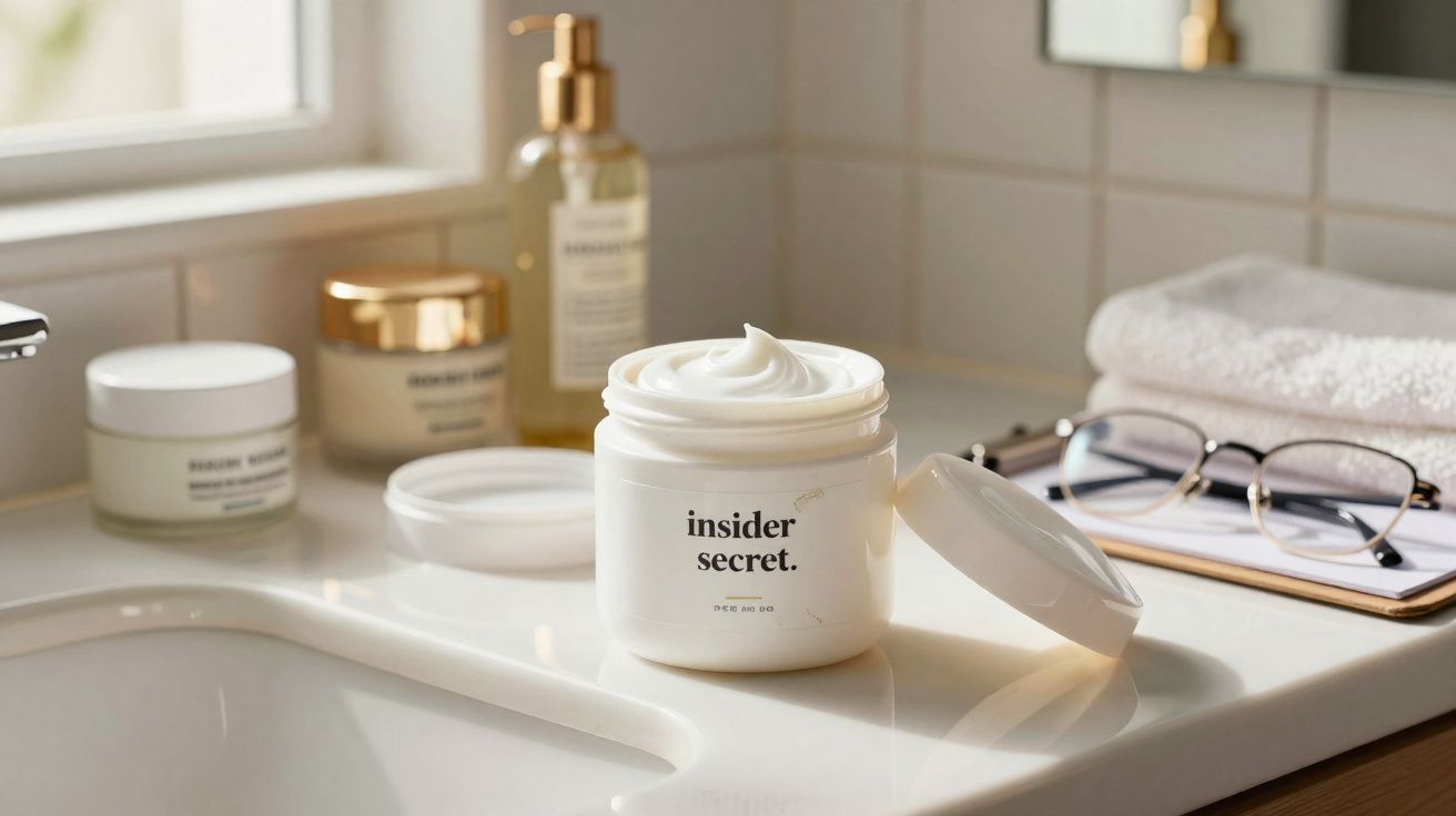 Gesichtspflegecreme „insider secret“ auf Waschbecken mit Brille, Handtuch und weiteren Kosmetikprodukten.