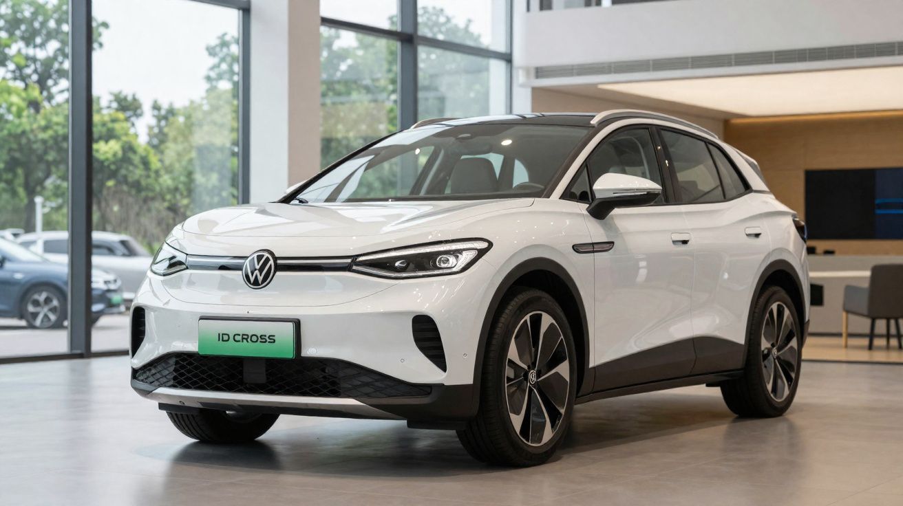 Weißer Volkswagen ID. CROSS Elektro-SUV in modernem Autohaus mit großem Fenster im Hintergrund.