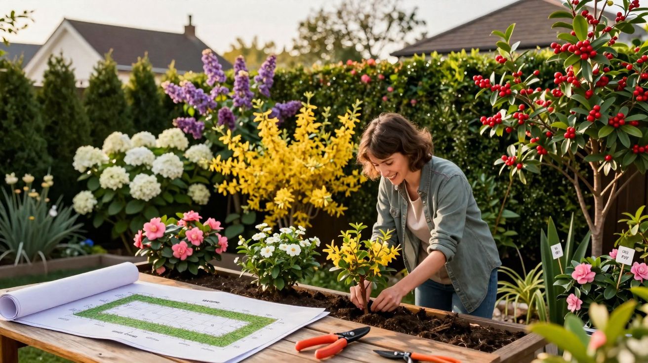 Frau pflanzt Blumen in einem Garten mit bunten Blüten und Planungszeichnungen auf dem Tisch.