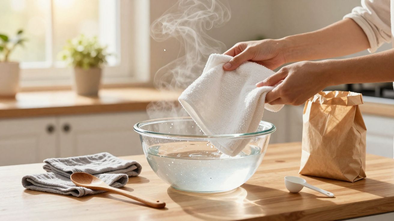 Dampfende Schüssel mit heißem Wasser, Hände wringen ein weißes Handtuch über der Schüssel aus in heller Küche.