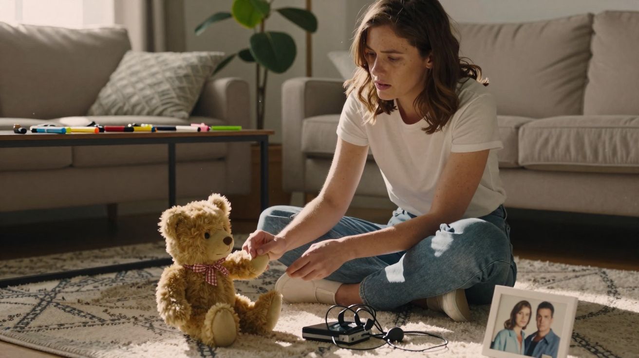 Frau sitzt am Boden und hält Hand eines Teddybären, daneben Foto und Audiogerät im Wohnzimmer.