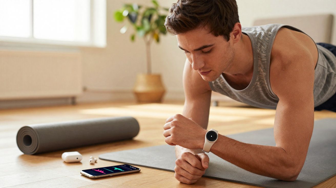 Junger Mann macht Plank-Übung auf Yogamatte und blickt auf Fitnessdaten auf Smartphone und Smartwatch.