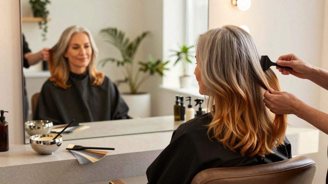 Ältere Frau mit graublonden Haaren sitzt im Friseursalon, während Friseur ihre Haare kämmt.