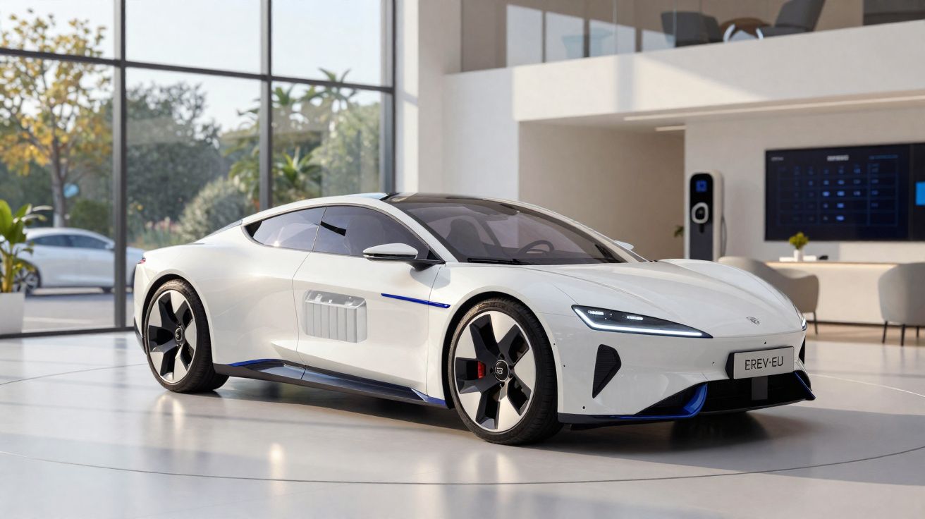 Moderner weißer Elektro-Sportwagen in hellem, modernem Raum mit großen Fenstern und Ladestation im Hintergrund.