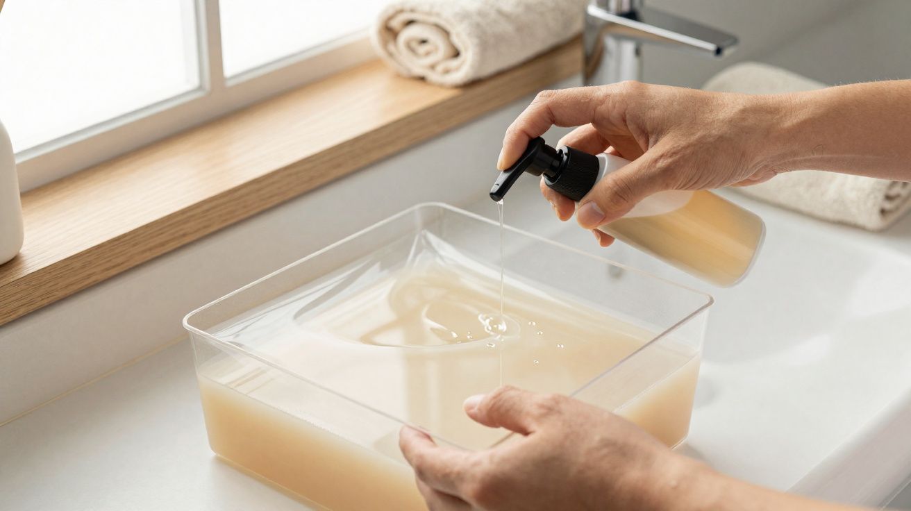Hand gibt Flüssigseife aus Pumpspender in durchsichtige Schale am Waschbecken ab.