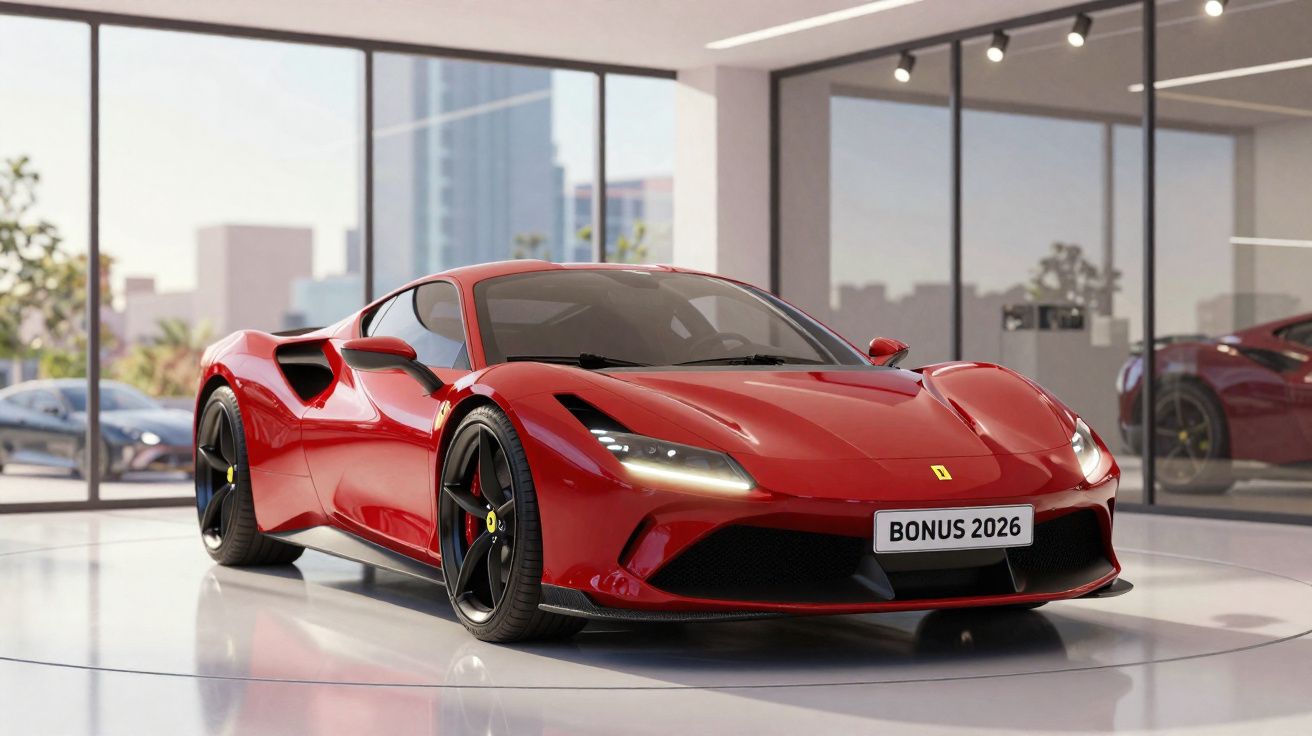 Roter Ferrari-Sportwagen mit schwarzem Dach und LED-Scheinwerfern in modernem Ausstellungsraum.