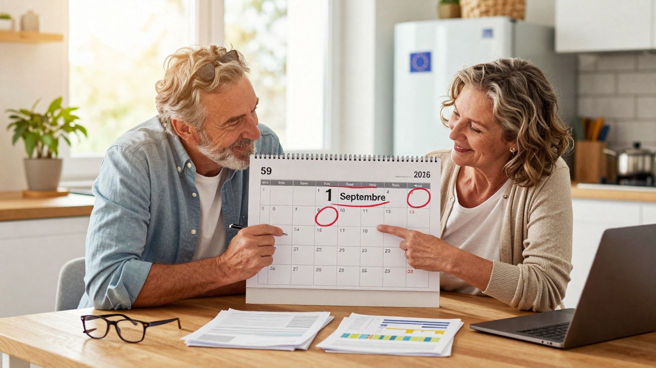 Älteres Paar sitzt am Tisch und zeigt lächelnd auf markiertes Datum im Kalender September 2026.