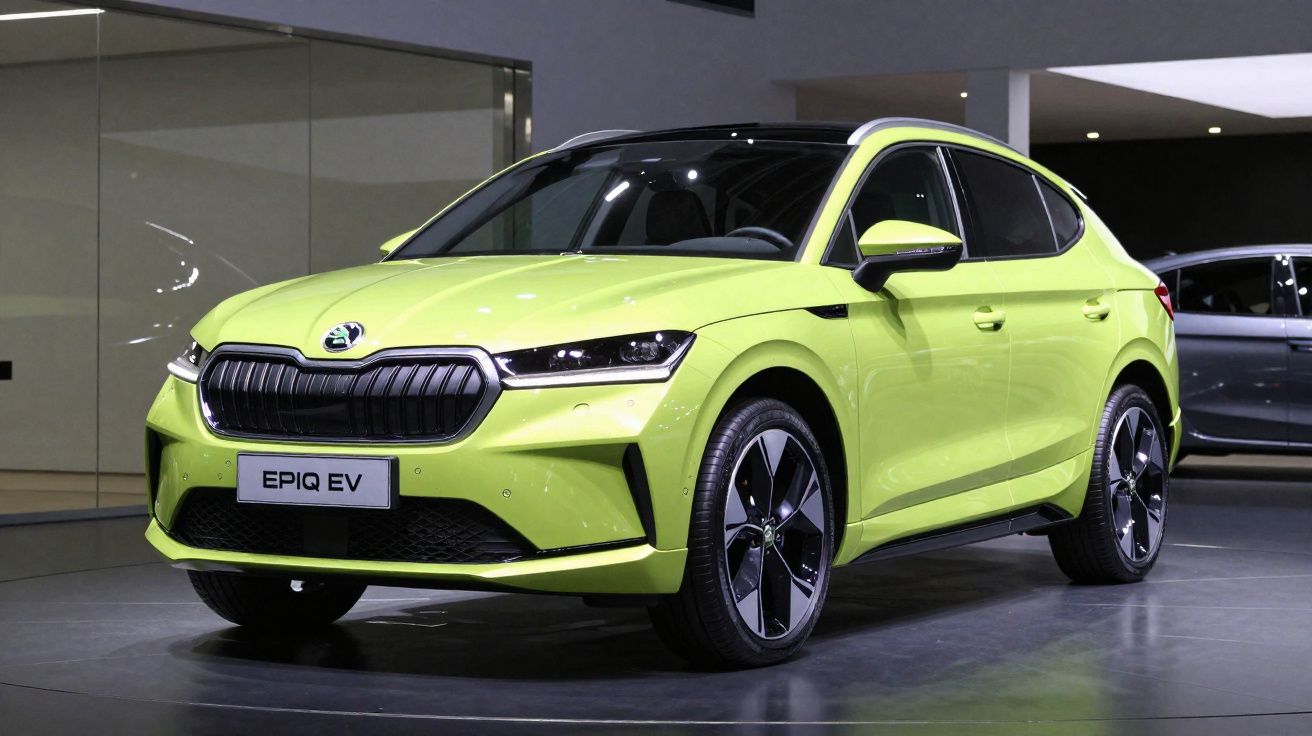 Limettengrüner Škoda EPIQ EV Elektro-SUV, seitlich frontal, in Ausstellungshalle.